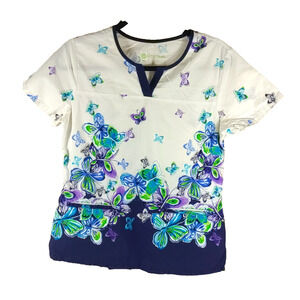 Bring It On Scrub Top Women's Size Small White Blue Purple Butterfly Cotton